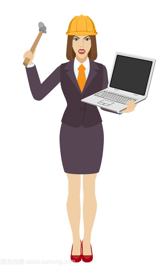 在建筑頭盔的女實業家試圖打破筆記本電腦沒有